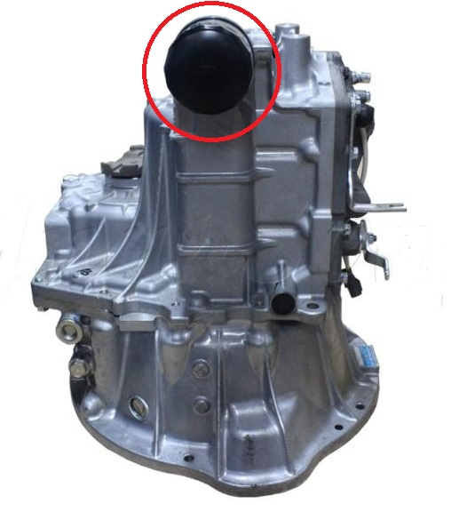 Toyota forklift transmission where the oil filter location is highlighted with a red circle